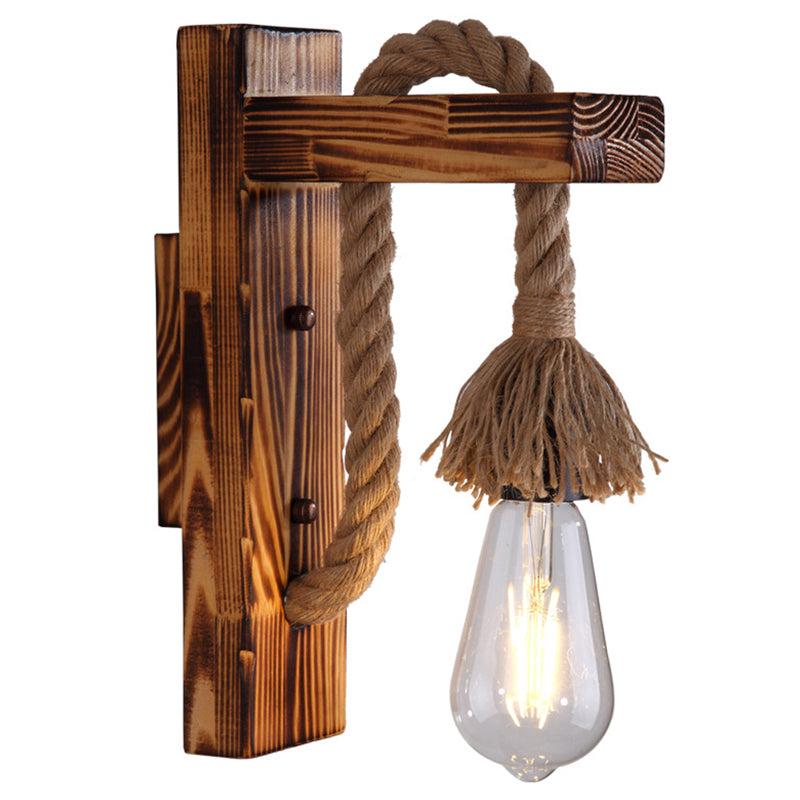 Lisslune | 1-Bulb Wood Wall Mounted Lighting Industrial Brown Rectangular Hall Rope Wall Light Set