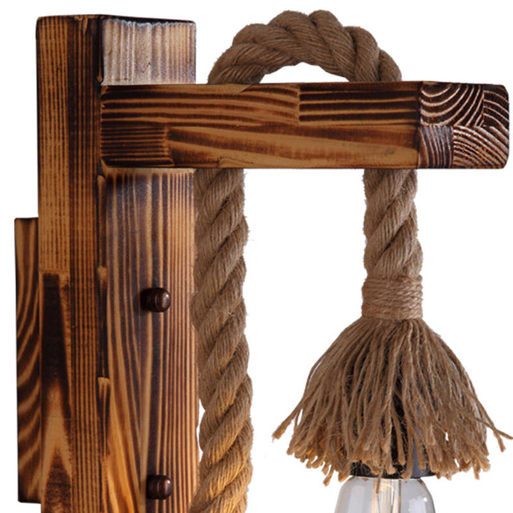 Lisslune | 1-Bulb Wood Wall Mounted Lighting Industrial Brown Rectangular Hall Rope Wall Light Set