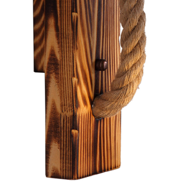Lisslune | 1-Bulb Wood Wall Mounted Lighting Industrial Brown Rectangular Hall Rope Wall Light Set