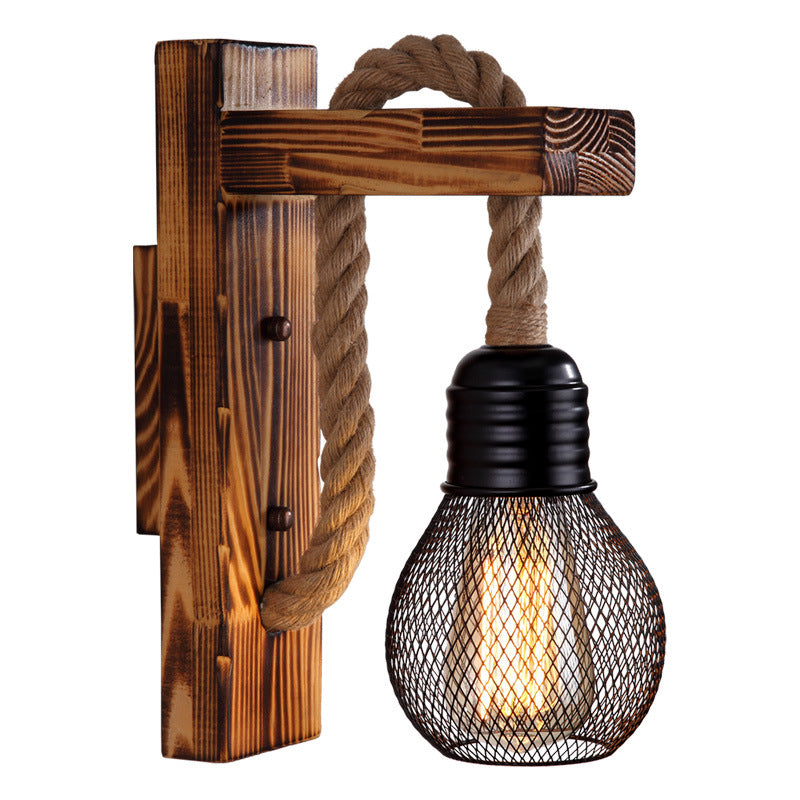 Lisslune | 1-Bulb Wood Wall Mounted Lighting Industrial Brown Rectangular Hall Rope Wall Light Set