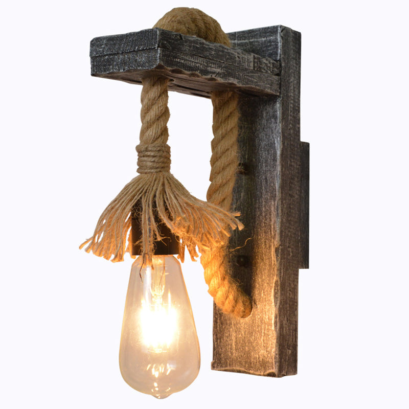 Lisslune | Rope Gray Wall Hanging Lamp Bare Bulb 1 Light Industrial Style Wall Lighting Ideas with Wood L-Arm