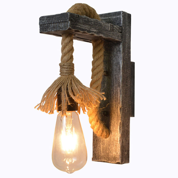 Lisslune | Rope Gray Wall Hanging Lamp Bare Bulb 1 Light Industrial Style Wall Lighting Ideas with Wood L-Arm