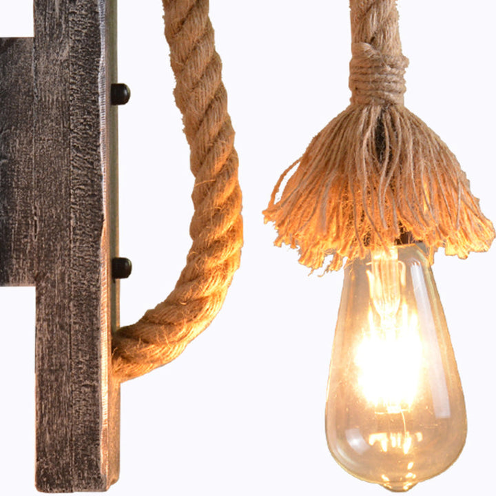 Lisslune | Rope Gray Wall Hanging Lamp Bare Bulb 1 Light Industrial Style Wall Lighting Ideas with Wood L-Arm