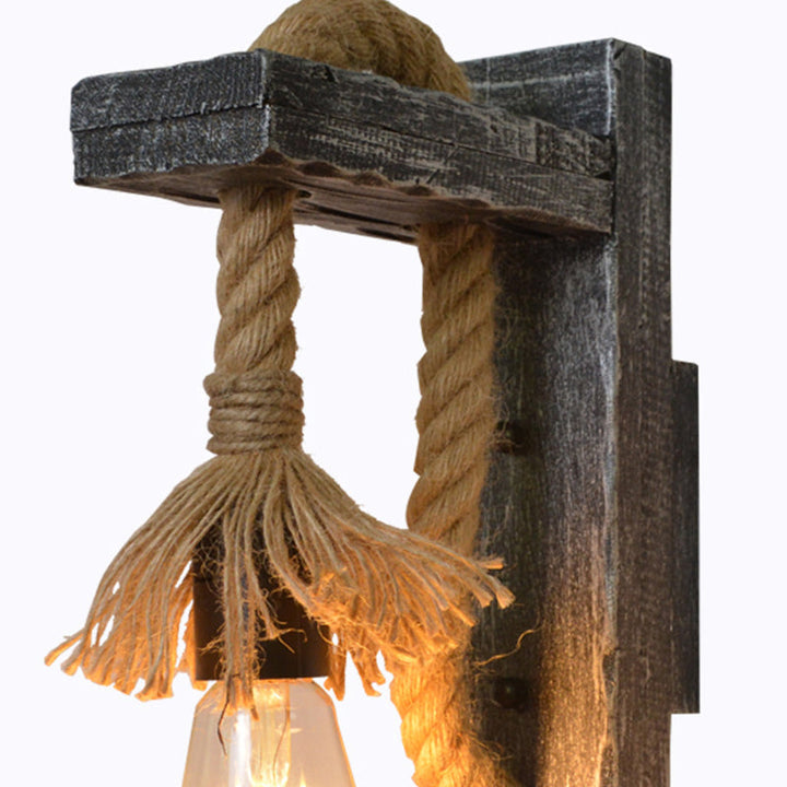 Lisslune | Rope Gray Wall Hanging Lamp Bare Bulb 1 Light Industrial Style Wall Lighting Ideas with Wood L-Arm
