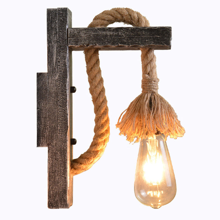 Lisslune | Rope Gray Wall Hanging Lamp Bare Bulb 1 Light Industrial Style Wall Lighting Ideas with Wood L-Arm
