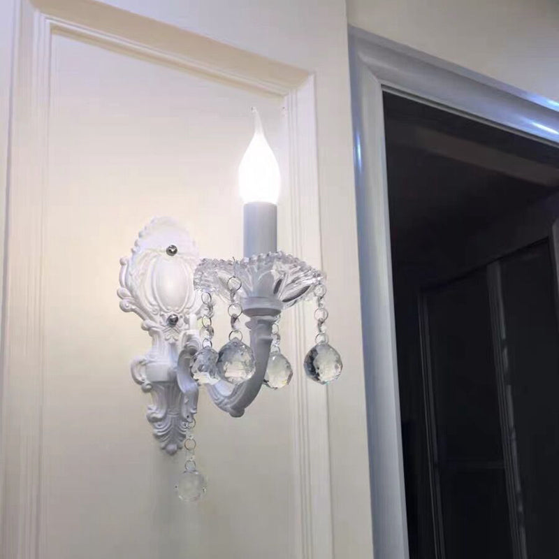 Skørter | Metal Wall Lamp for Candles Country Door Wall Lighting Ideas in White with Crystal Draping
