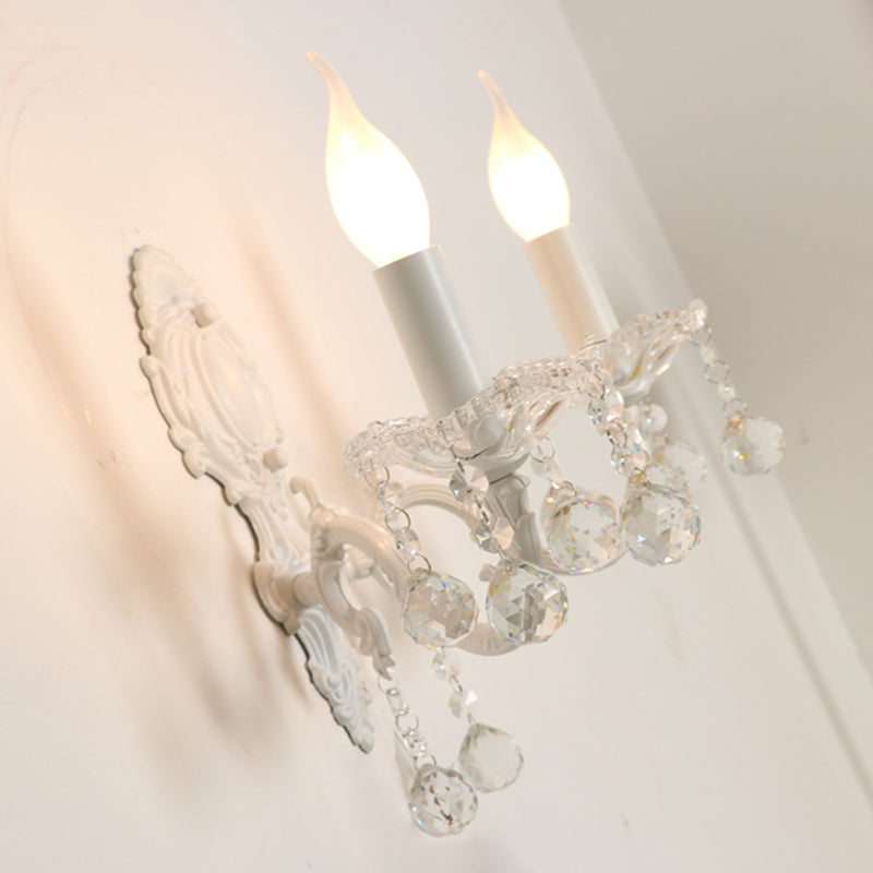 Skørter | Metal Wall Lamp for Candles Country Door Wall Lighting Ideas in White with Crystal Draping