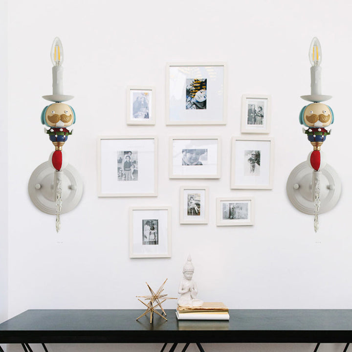 Skørter | Resin Candle Wall Lighting Contemporary Style 1 Light Wall Lamp with Clown and Crystal Decoration in White for Children