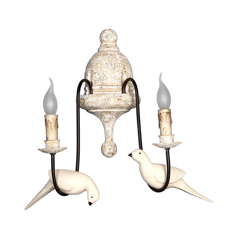 Skørter | Double Arm Living Room Wall Lamp Rustic Wood Distressed White Wall Light with Candle and Bird Decoration