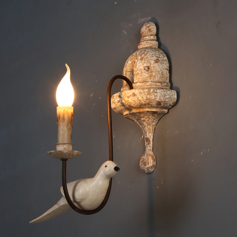 Skørter | Double Arm Living Room Wall Lamp Rustic Wood Distressed White Wall Light with Candle and Bird Decoration