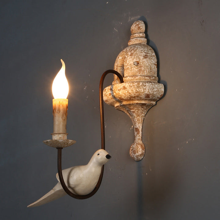 Skørter | Double Arm Living Room Wall Lamp Rustic Wood Distressed White Wall Light with Candle and Bird Decoration