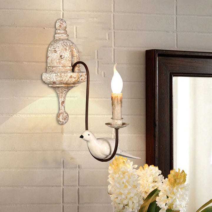 Skørter | Double Arm Living Room Wall Lamp Rustic Wood Distressed White Wall Light with Candle and Bird Decoration