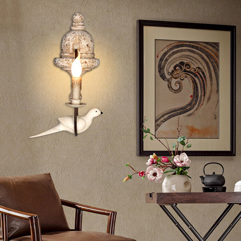 Skørter | Double Arm Living Room Wall Lamp Rustic Wood Distressed White Wall Light with Candle and Bird Decoration