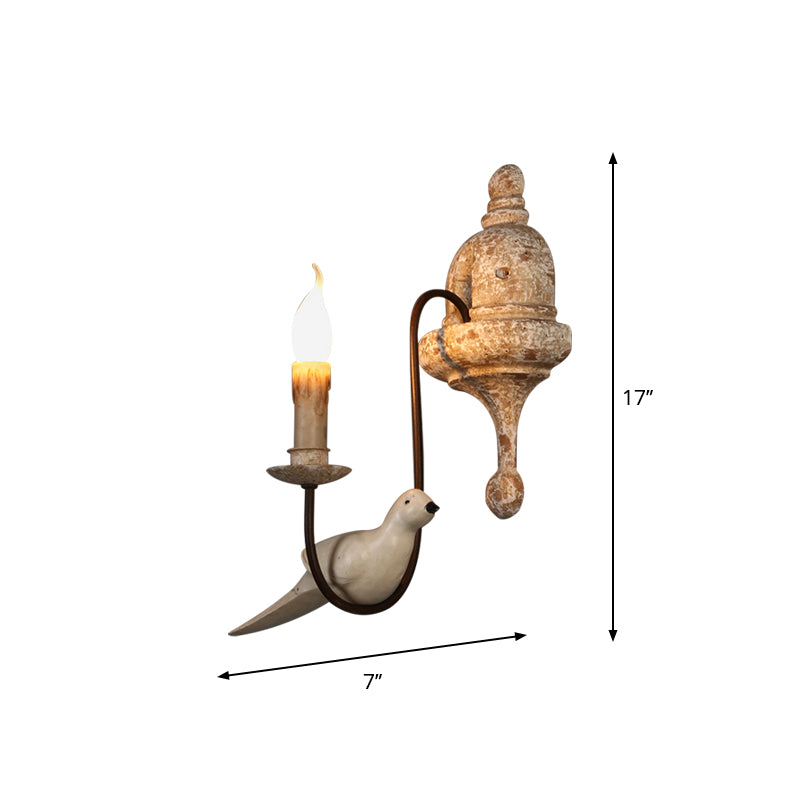 Skørter | Double Arm Living Room Wall Lamp Rustic Wood Distressed White Wall Light with Candle and Bird Decoration