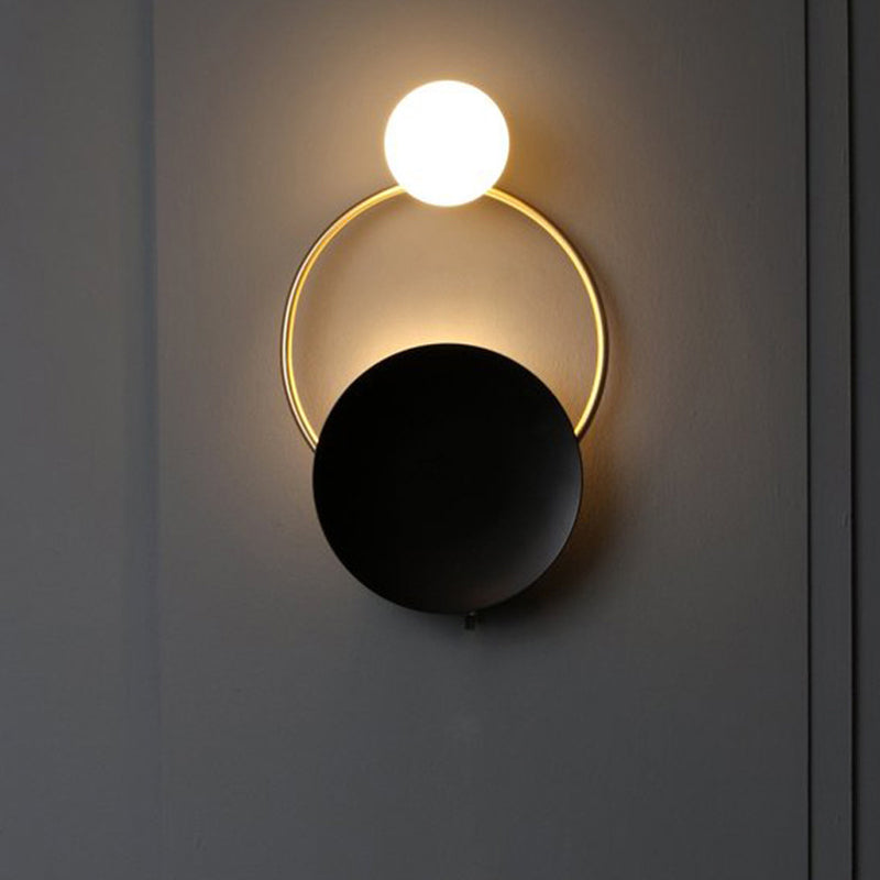 Lisslune | Metal Planet Wall Mounted Lamp Modernism 1 Light Black Finish Opal Glass Wall Lamp Fixture
