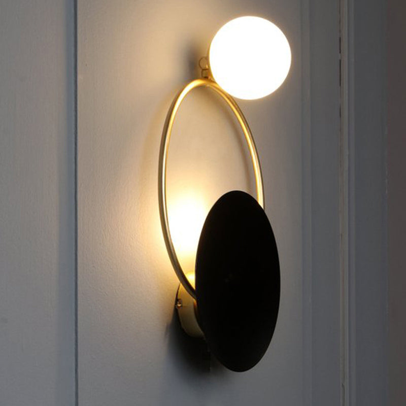 Lisslune | Metal Planet Wall Mounted Lamp Modernism 1 Light Black Finish Opal Glass Wall Lamp Fixture