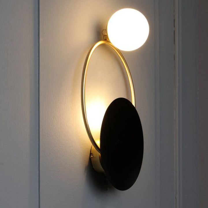 Lisslune | Metal Planet Wall Mounted Lamp Modernism 1 Light Black Finish Opal Glass Wall Lamp Fixture