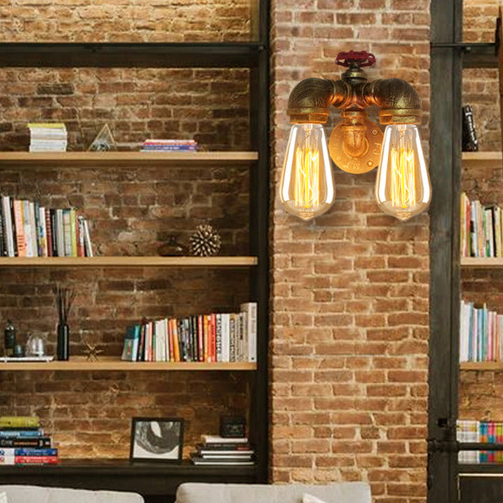 Lisslune | Curved Pipe Metal Wall Lighting Factory 2 Heads Dining Room Wall Lamp Sconces in Rust with Valve Decoration