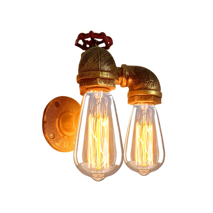 Lisslune | Curved Pipe Metal Wall Lighting Factory 2 Heads Dining Room Wall Lamp Sconces in Rust with Valve Decoration