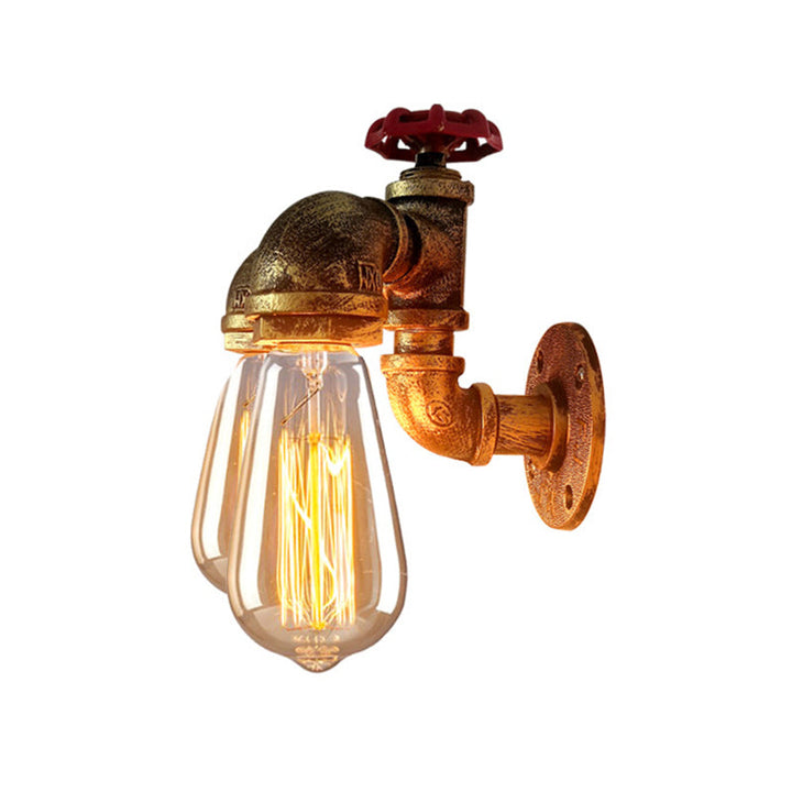 Lisslune | Curved Pipe Metal Wall Lighting Factory 2 Heads Dining Room Wall Lamp Sconces in Rust with Valve Decoration