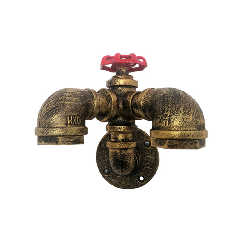 Lisslune | Curved Pipe Metal Wall Lighting Factory 2 Heads Dining Room Wall Lamp Sconces in Rust with Valve Decoration