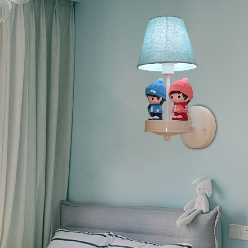 Skørter | Cartoon Tapered Shadow Wall Lamp with Kid Deco Fabric One Light Blue Wall Lamp for Hallway