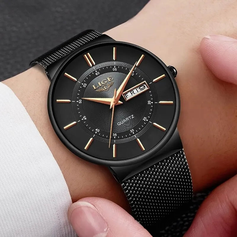 Lisslune | Luxury Men’s Ultra-Thin Waterproof Stainless Steel Quartz Watch – Elegant Date Display Sports Wristwatch