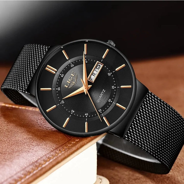 Lisslune | Luxury Men’s Ultra-Thin Waterproof Stainless Steel Quartz Watch – Elegant Date Display Sports Wristwatch