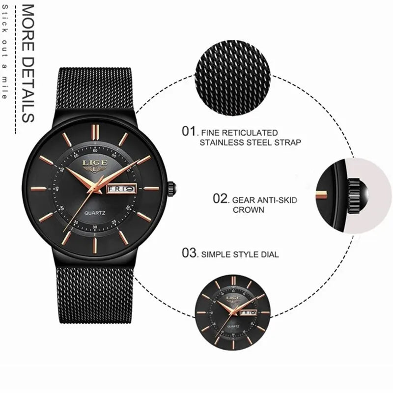Lisslune | Luxury Men’s Ultra-Thin Waterproof Stainless Steel Quartz Watch – Elegant Date Display Sports Wristwatch