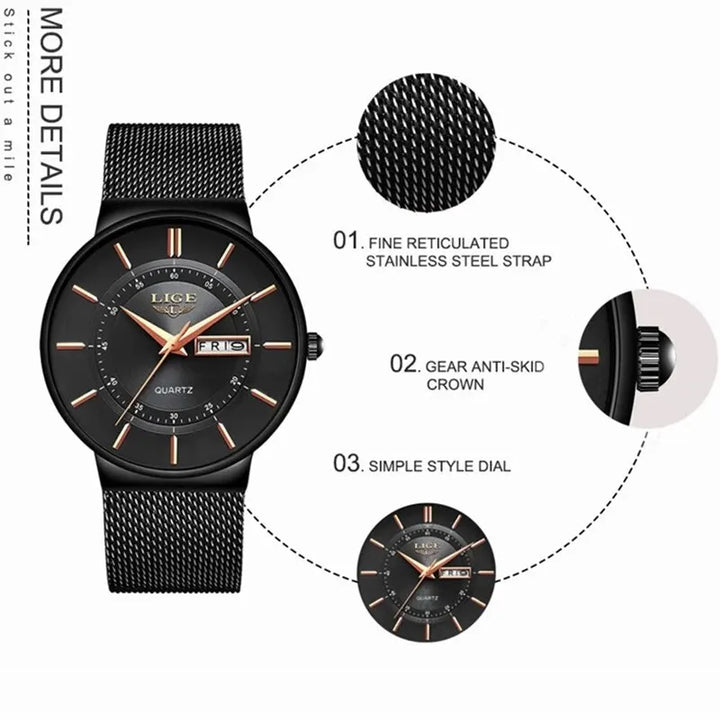 Lisslune | Luxury Men’s Ultra-Thin Waterproof Stainless Steel Quartz Watch – Elegant Date Display Sports Wristwatch