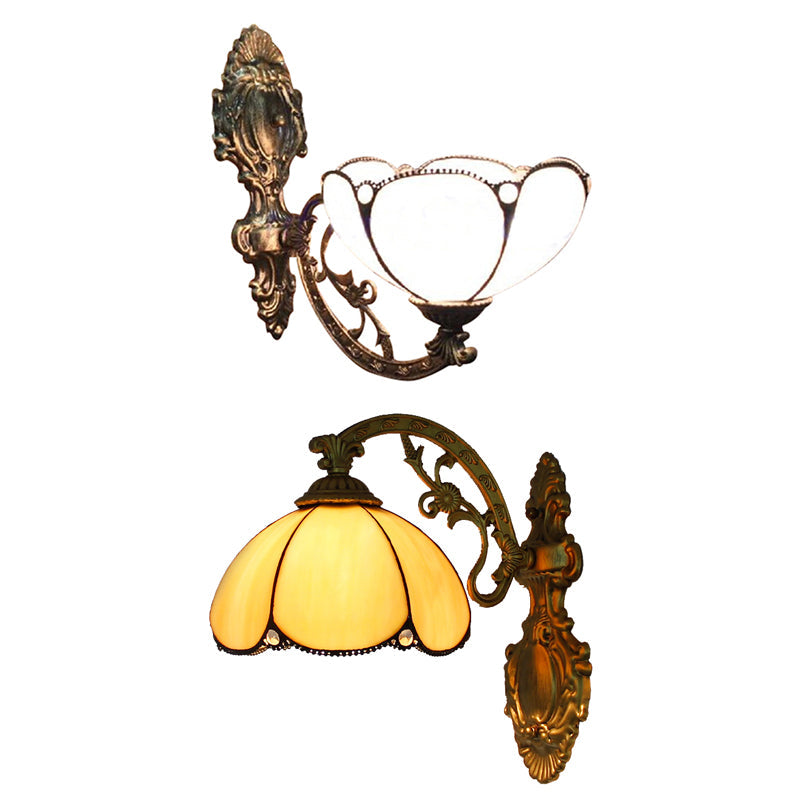 Lisslune | Blue/Beige Flower Shade Wall Light Stained Glass 1 Head Wall Mount Light in Antique Brass