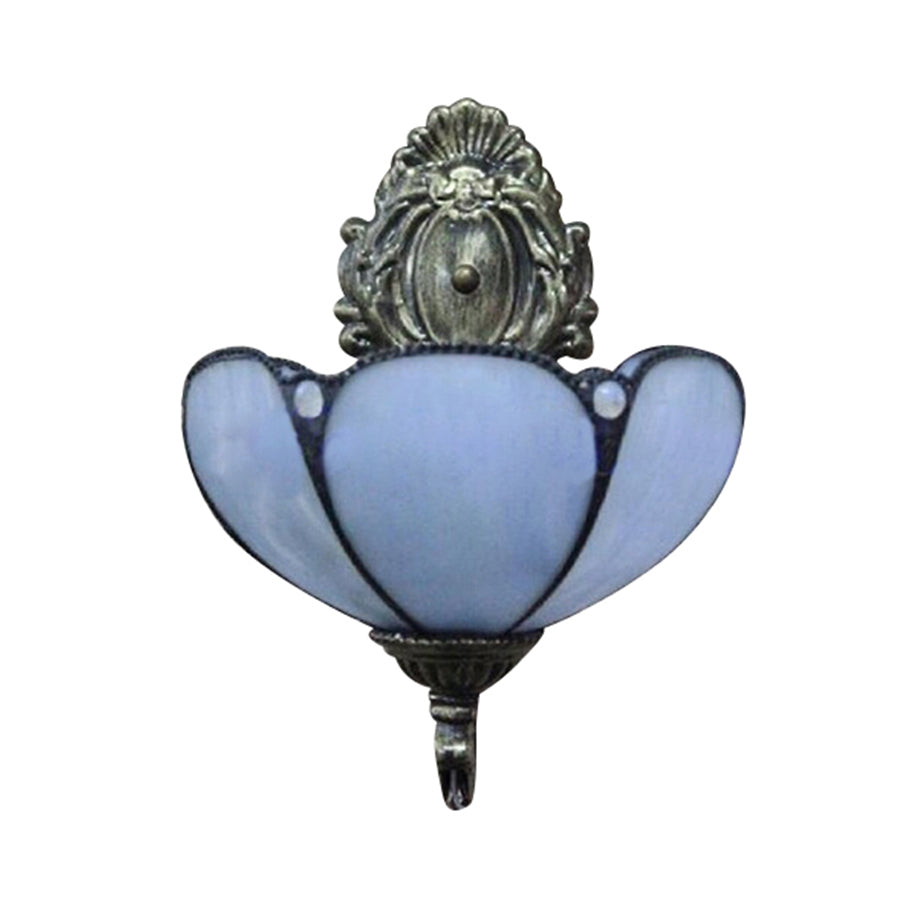 Lisslune | Blue/Beige Flower Shade Wall Light Stained Glass 1 Head Wall Mount Light in Antique Brass