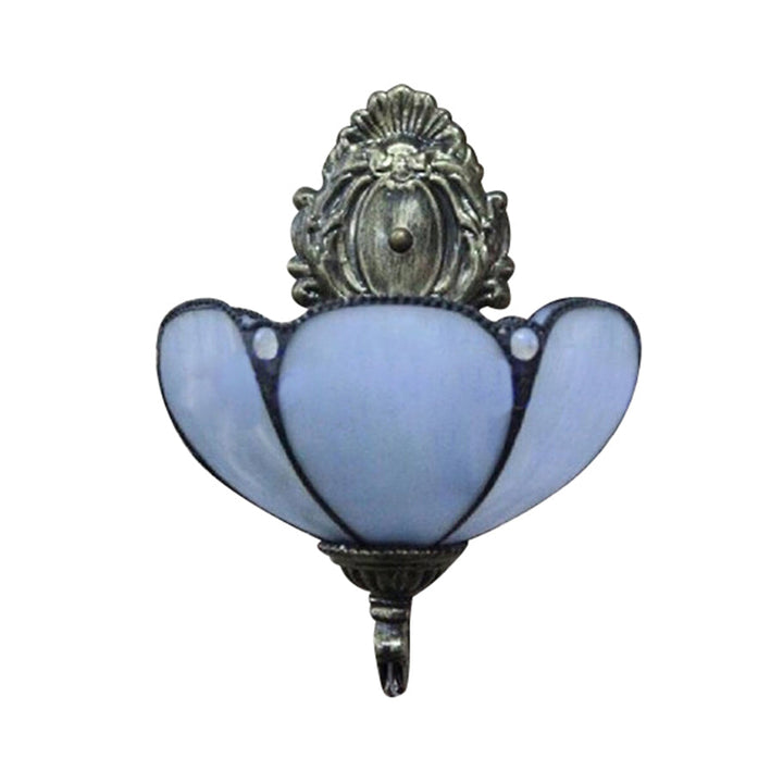 Lisslune | Blue/Beige Flower Shade Wall Light Stained Glass 1 Head Wall Mount Light in Antique Brass