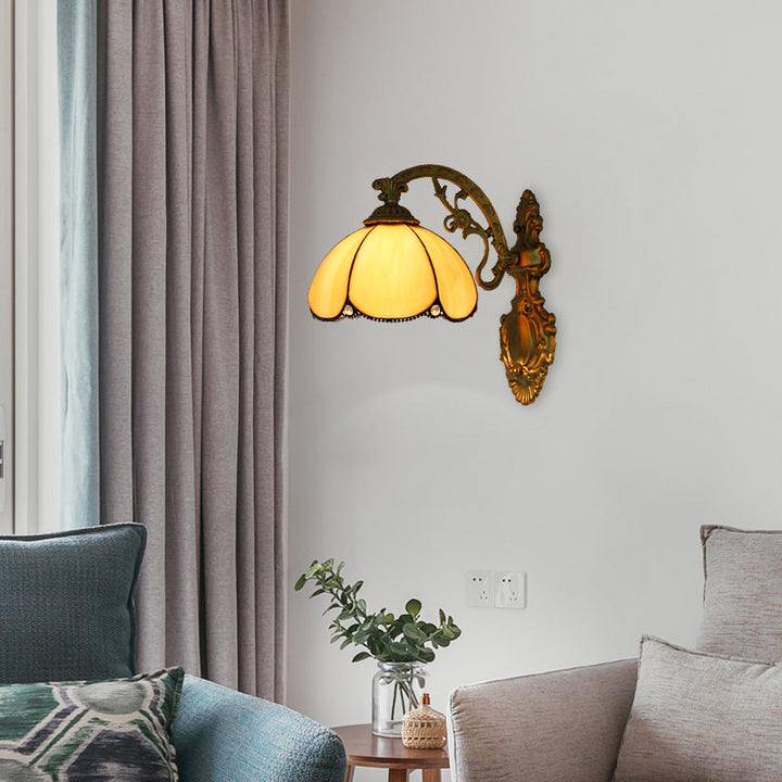 Lisslune | Blue/Beige Flower Shade Wall Light Stained Glass 1 Head Wall Mount Light in Antique Brass