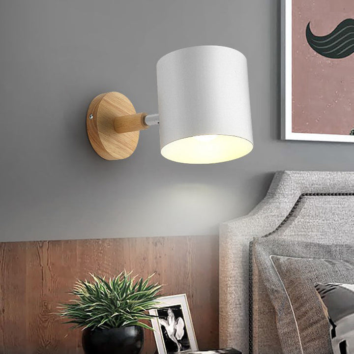 Lisslune | Geometry Iron Wall Mount Light Fixture Modernistic 1-Head White Wall Lighting with Round Wood Backplate