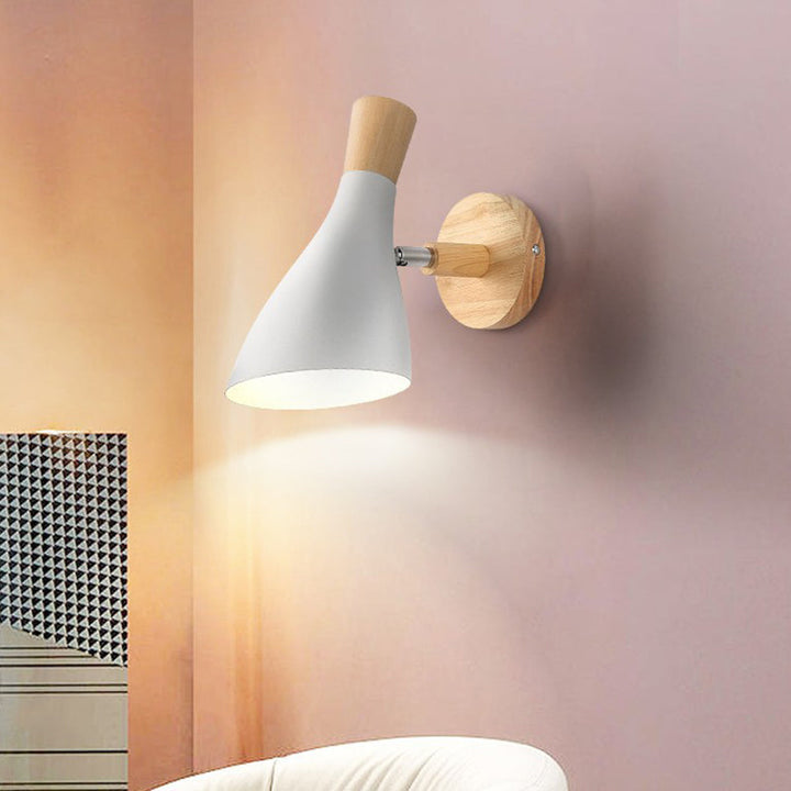 Lisslune | Geometry Iron Wall Mount Light Fixture Modernistic 1-Head White Wall Lighting with Round Wood Backplate