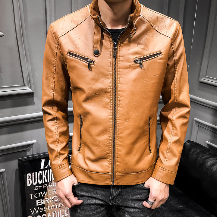 Men's Synthetic Leather Biker Jacket with Slim Fit and Practical Zip Pockets Lisslune