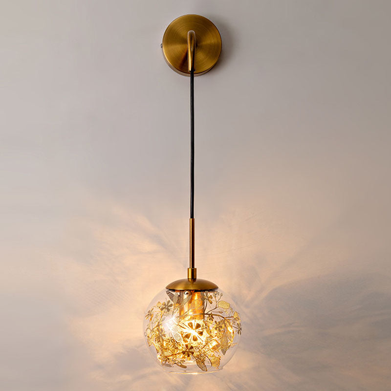 Lisslune | Clear Glass Bubble Wall Lamp Contemporary 1-Light Wall Mounted Lamp with Foil Flower Decor