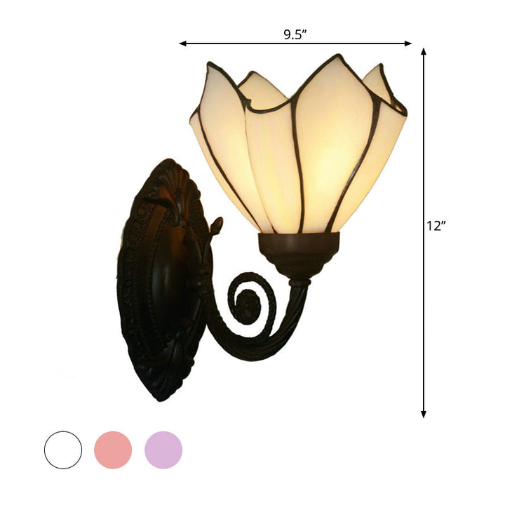 Lisslune | Handcrafted Glass Flowers Wall Light Mediterranean 1 Bulb Black Wall Mounted Lamp with Curved Arm