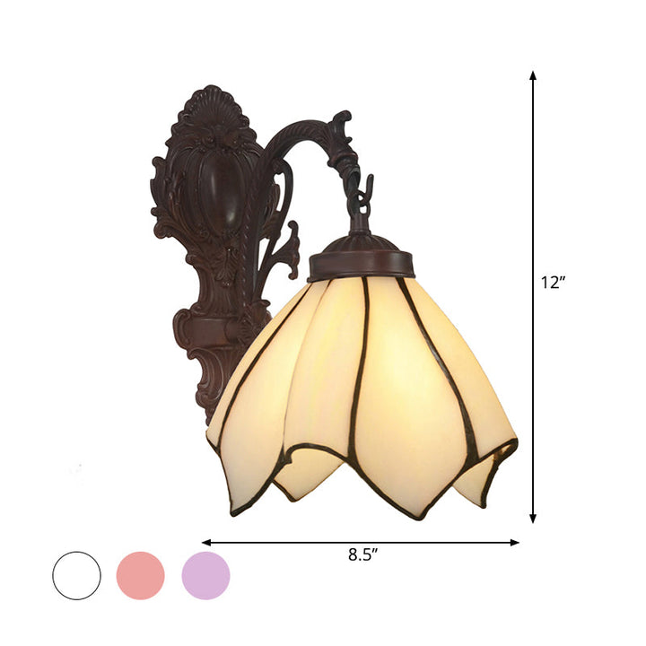 Lisslune | Handcrafted Glass Flowers Wall Light Mediterranean 1 Bulb Black Wall Mounted Lamp with Curved Arm