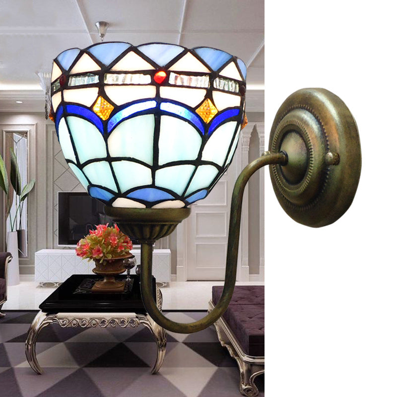 Lisslune | Blue Dome Wall Light Baroque 1 Head Stained Glass Wall Light Ideas with Curved Arm