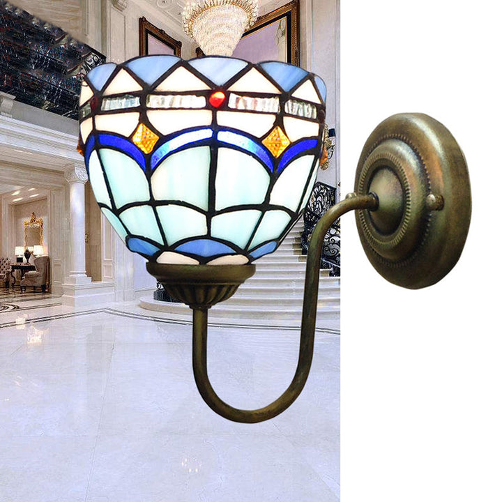 Lisslune | Blue Dome Wall Light Baroque 1 Head Stained Glass Wall Light Ideas with Curved Arm