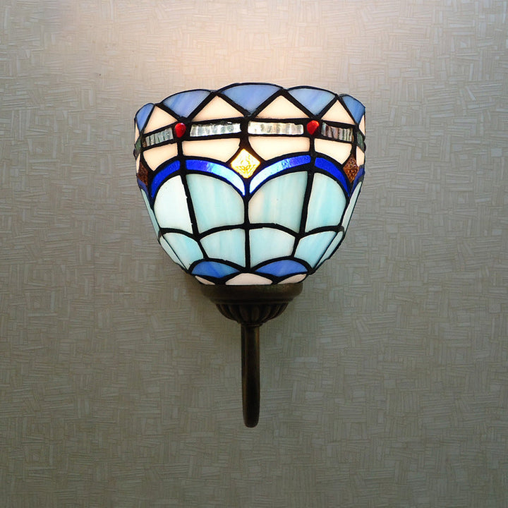 Lisslune | Blue Dome Wall Light Baroque 1 Head Stained Glass Wall Light Ideas with Curved Arm