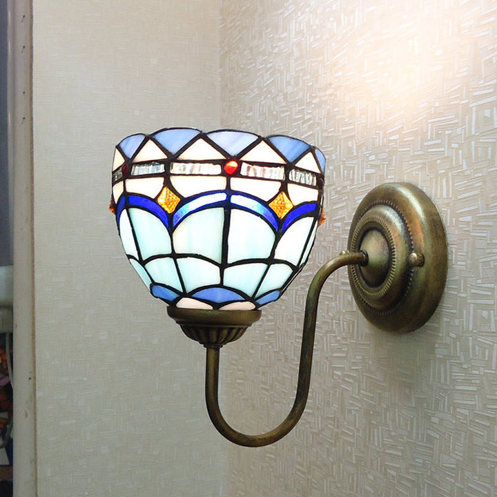 Lisslune | Blue Dome Wall Light Baroque 1 Head Stained Glass Wall Light Ideas with Curved Arm