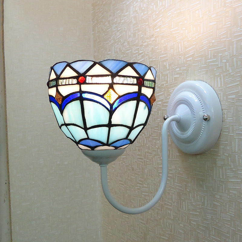 Lisslune | Blue Dome Wall Light Baroque 1 Head Stained Glass Wall Light Ideas with Curved Arm