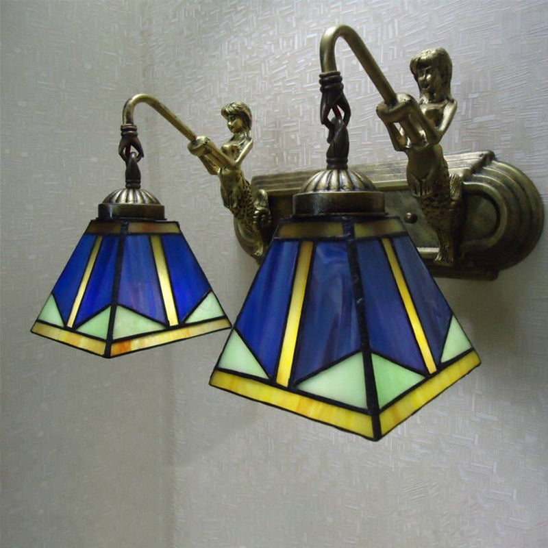 Lisslune | Trapezium Wall Mount Lamp Fixture Tiffany Bronze Cut Glass Wall Lighting with Mermaid Arm