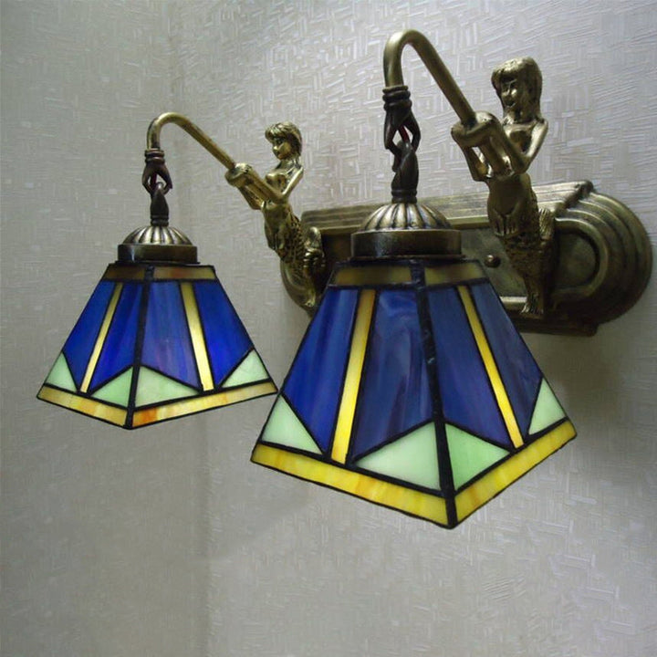 Lisslune | Trapezium Wall Mount Lamp Fixture Tiffany Bronze Cut Glass Wall Lighting with Mermaid Arm