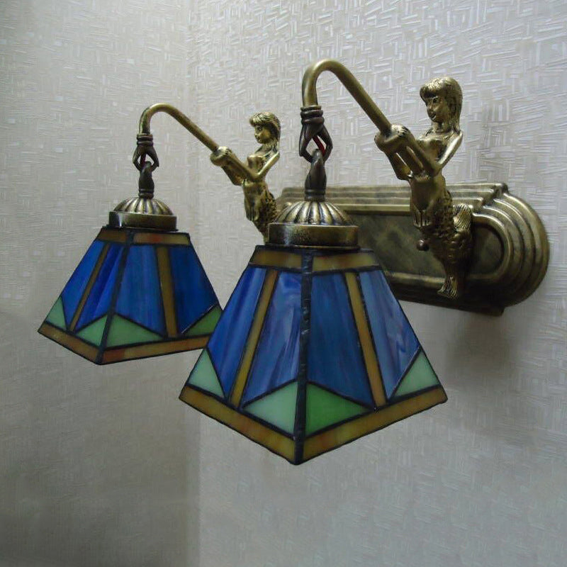 Lisslune | Trapezium Wall Mount Lamp Fixture Tiffany Bronze Cut Glass Wall Lighting with Mermaid Arm