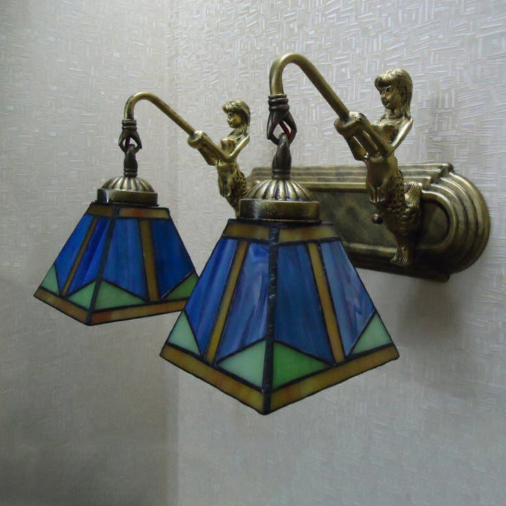 Lisslune | Trapezium Wall Mount Lamp Fixture Tiffany Bronze Cut Glass Wall Lighting with Mermaid Arm