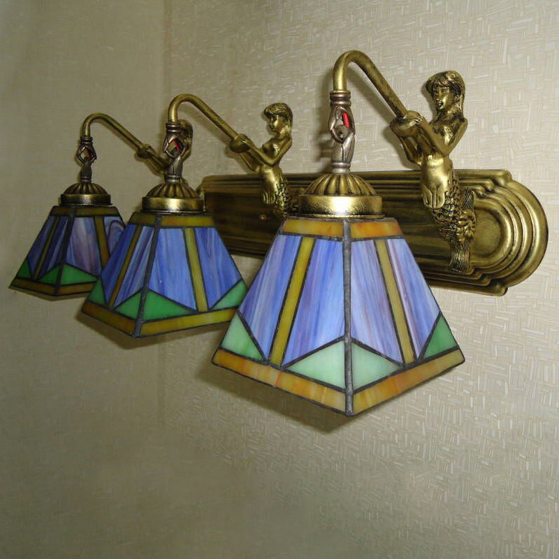 Lisslune | Trapezium Wall Mount Lamp Fixture Tiffany Bronze Cut Glass Wall Lighting with Mermaid Arm